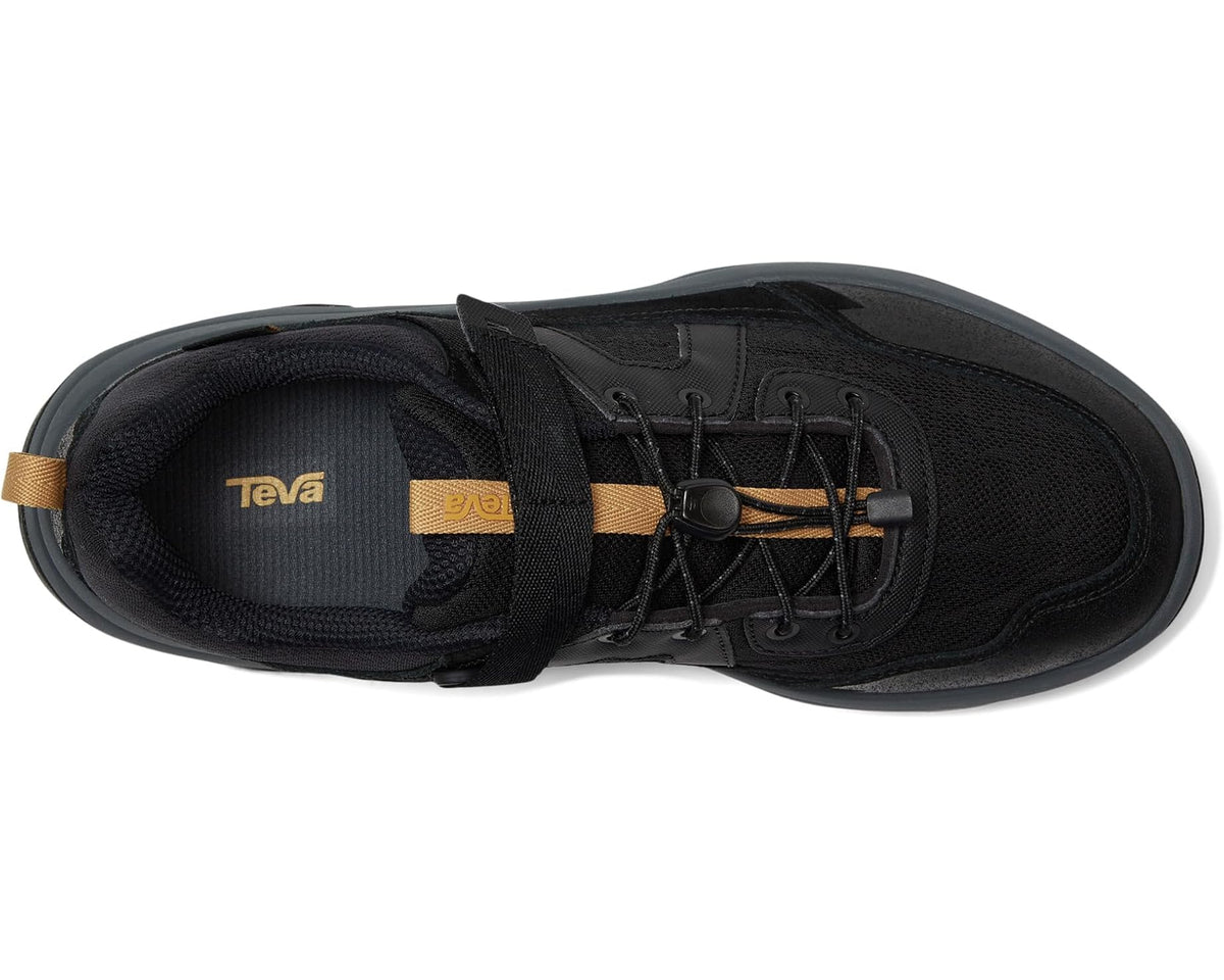 Black Teva hiking sneaker, side view with padded collar and lace eyelets
