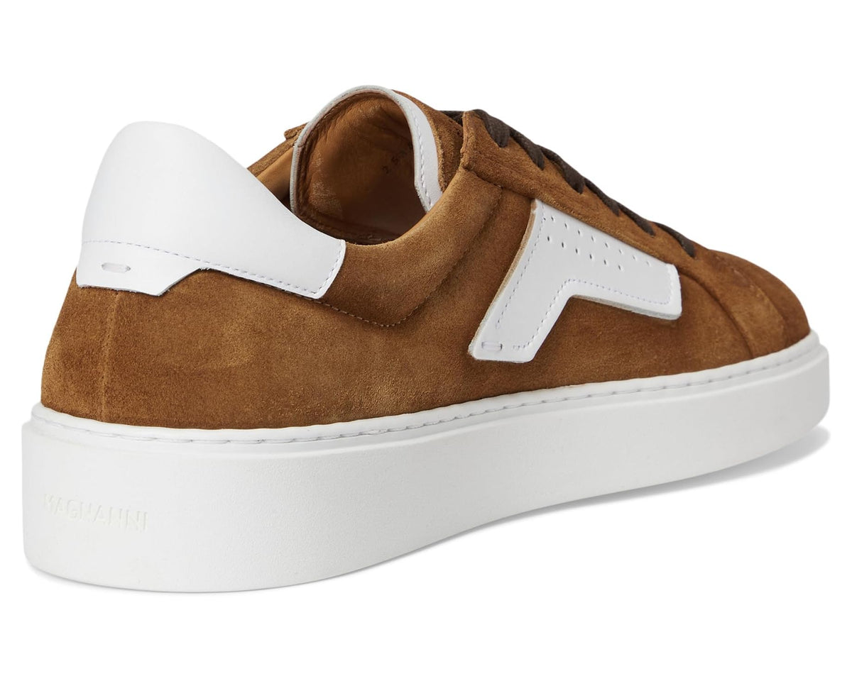 Men's suede sneaker heel, cognac brown with white heel patch and lace-up collar