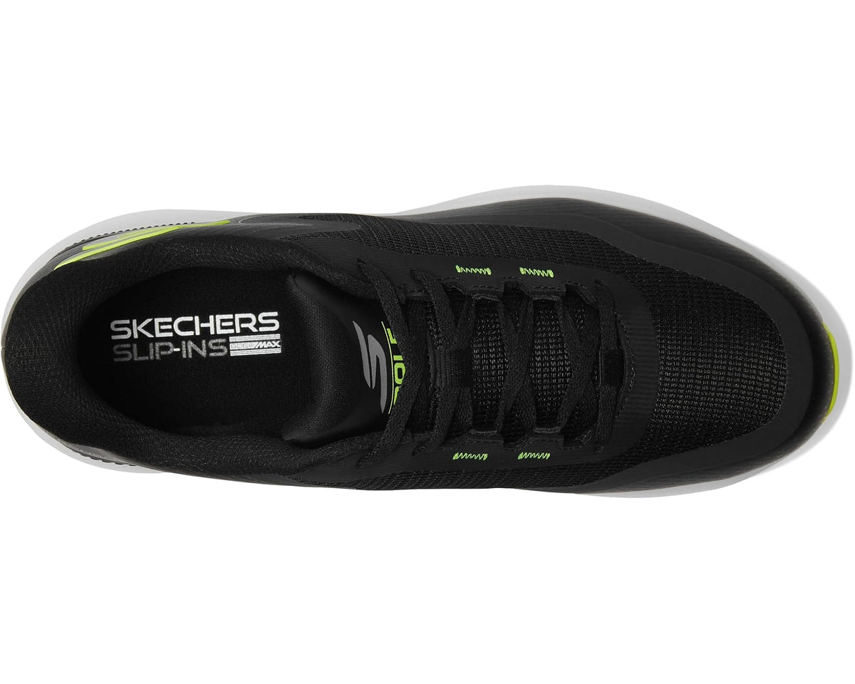 Black slip-in golf shoe interior and tongue, with neon green logo and text