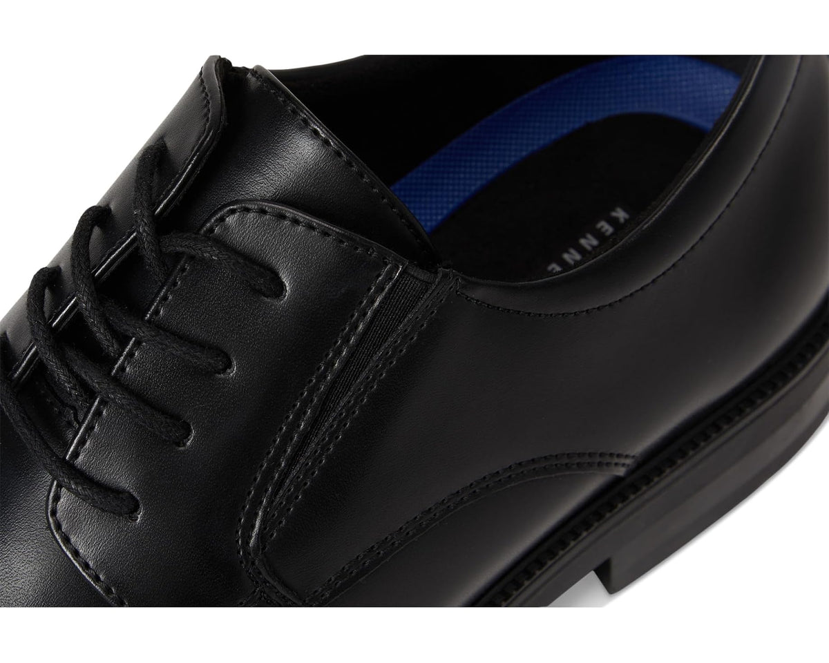 Black lace-up dress shoe with blue insole lining and padded collar
