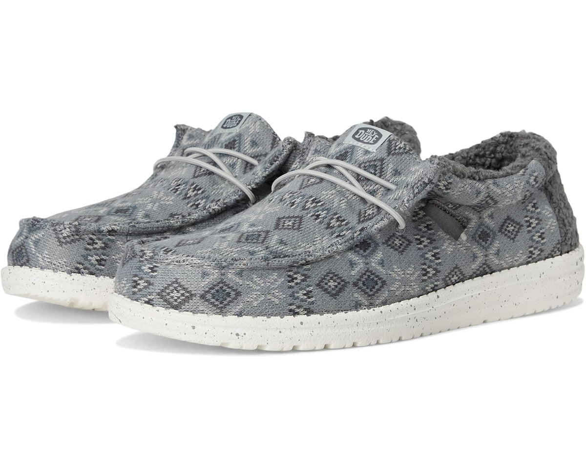 Men's Hey Dude Wally knit sneaker, grey with geometric pattern and sherpa collar