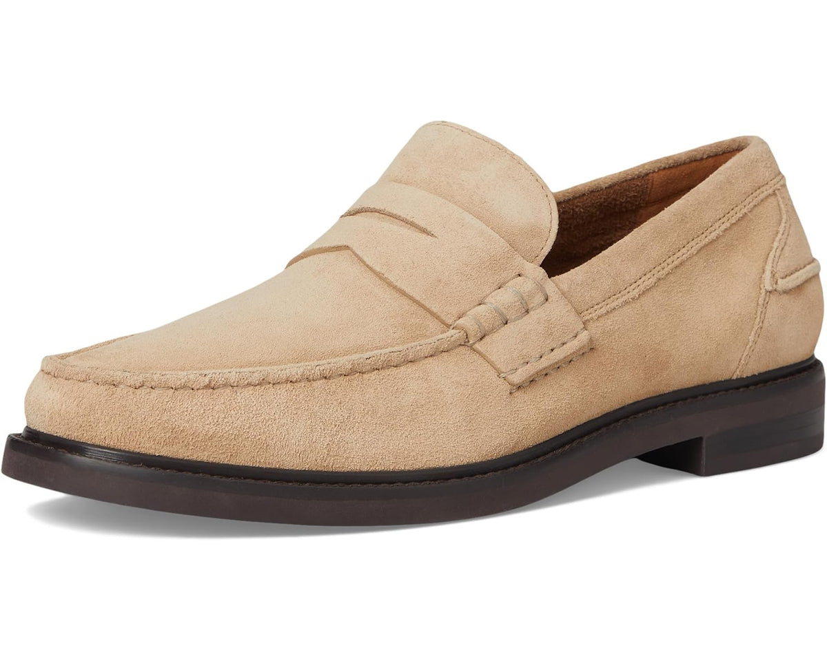 Men's suede penny loafer with penny keeper strap and low dark outsole