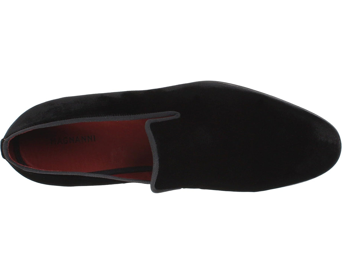 Black suede loafer with slip-on vamp and low-profile outsole