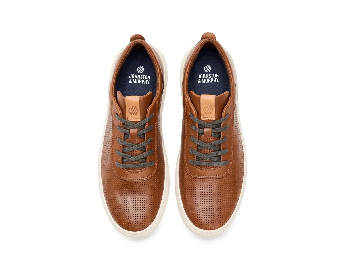 Tan full-grain leather lace-up low-top sneakers with perforated vamp and padded collars