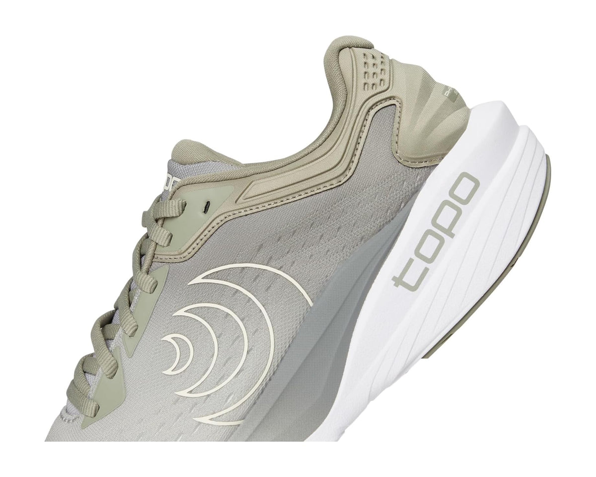 Topo men's running shoe angled view, khaki/white mesh upper with side logo