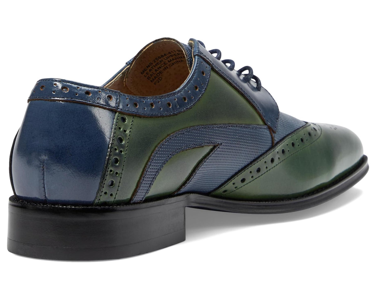 Men's dress shoe heel and side view with navy, green, lace-up and perforated trim