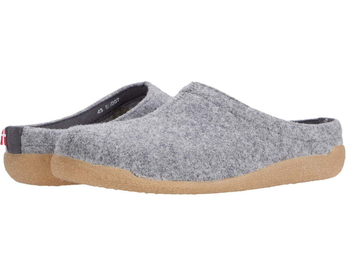Gray felt slide sandal with tan rubber sole and open back.
