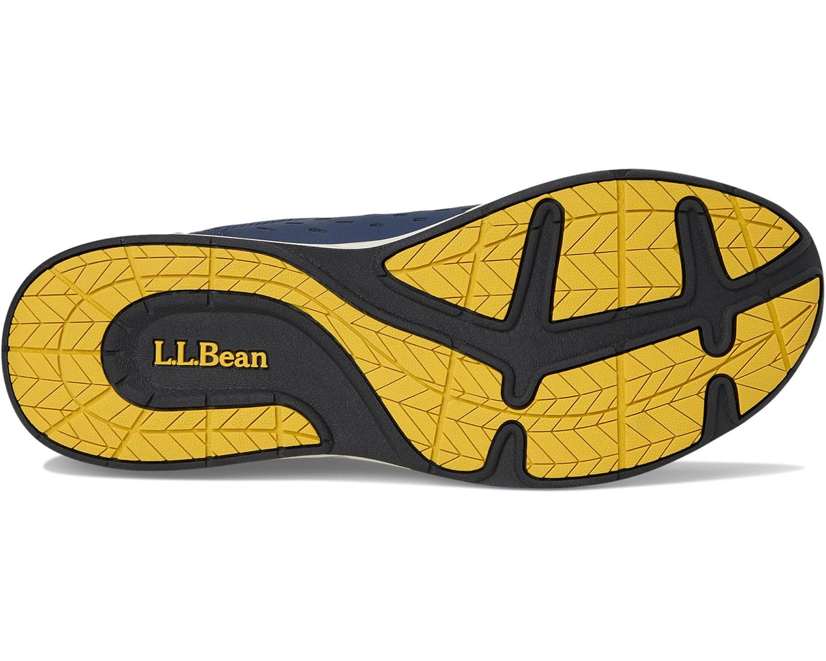 Rubber outsole of navy walking sneaker with yellow traction tread and L.L.Bean mark
