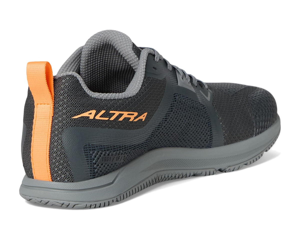Men's ALTRA running shoe heel and tongue, dark gray knit with orange heel pull tab.