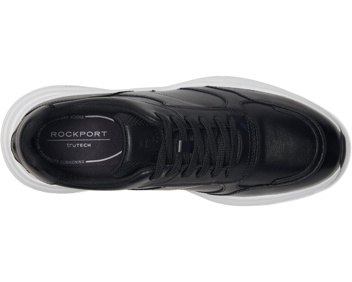 Black leather sneaker upper with lace-up closure and Rockport-branded insole