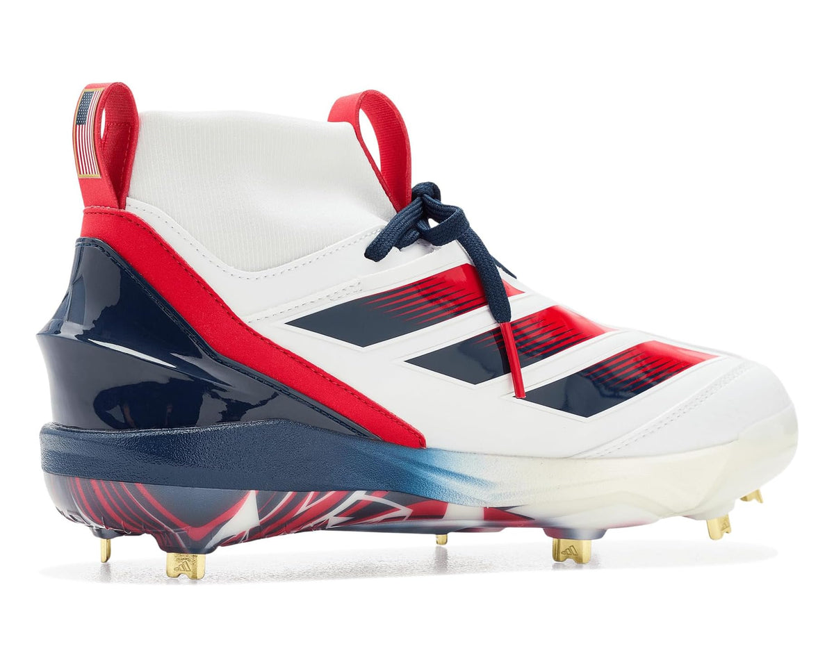 adidas baseball cleat shoe, side view in white with red trim and navy heel plate, metal studs