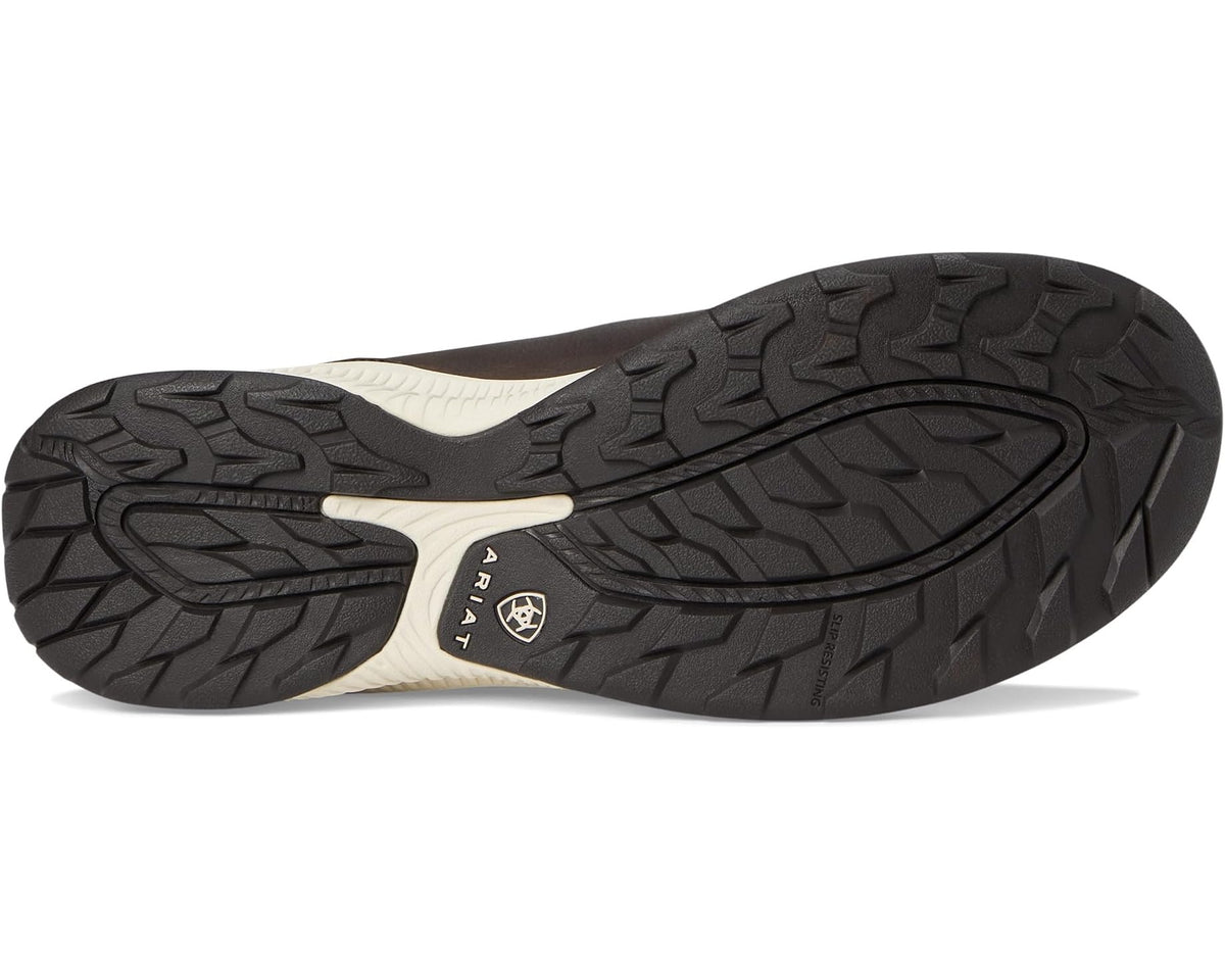 Ariat waterproof all-terrain boots in dark coffee, rugged tread outsole detail