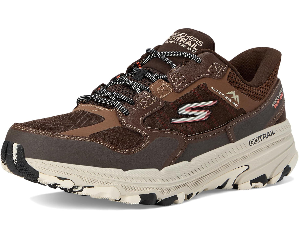 Front 3/4 view of brown and orange men's trail slip-in sneaker with rugged tread