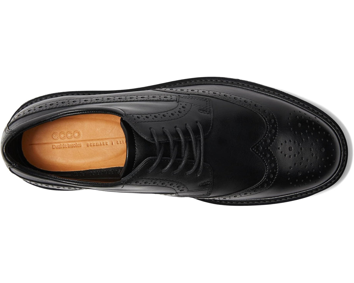 Black lace-up wingtip oxford with perforated detailing; tan-lined interior