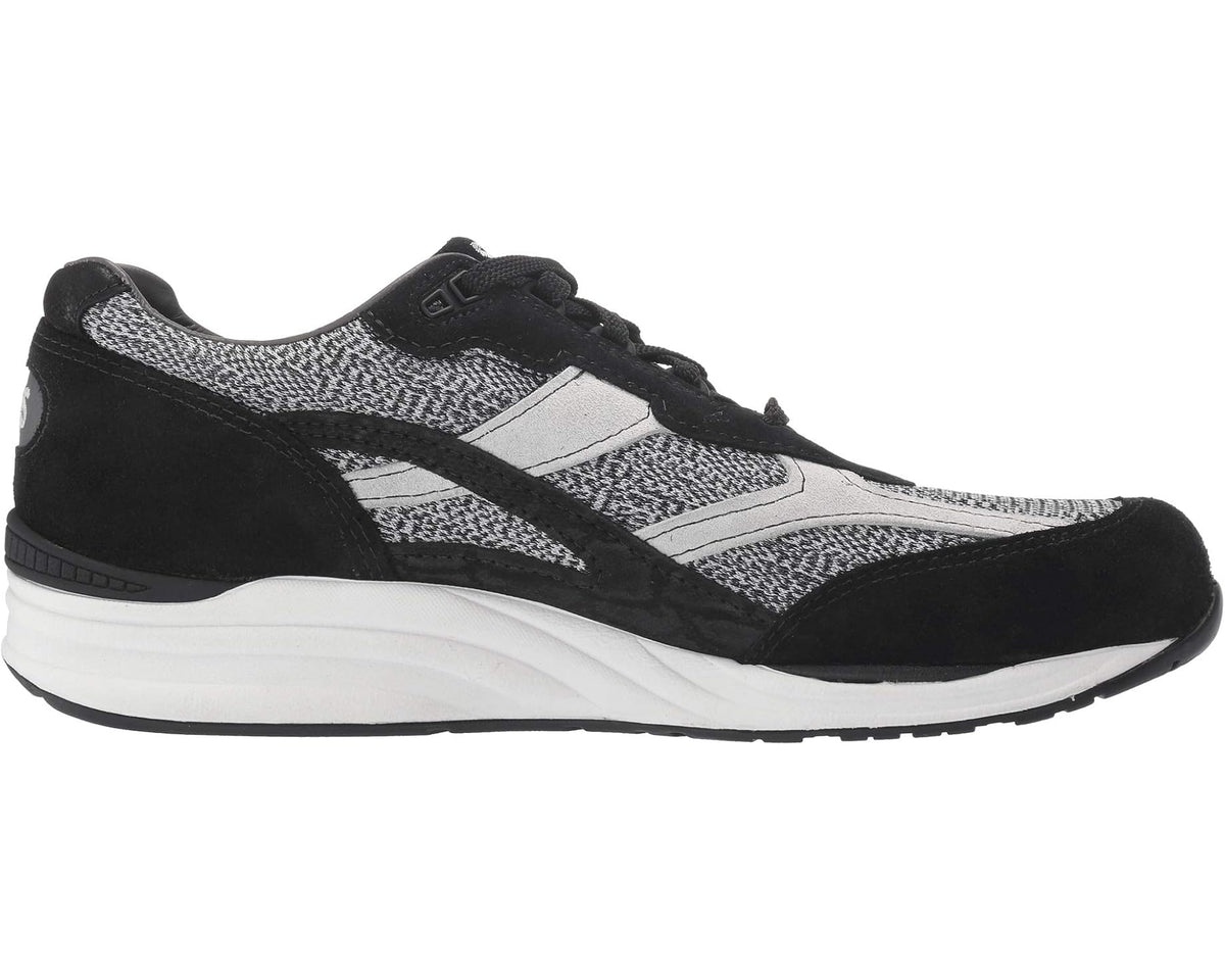 Men's running shoe side view with black-and-gray knit mesh upper and white midsole