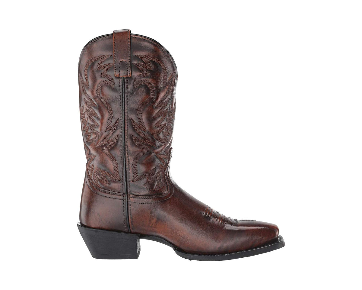 Side view of men's tan cowboy boots with western embroidery and stacked block heel