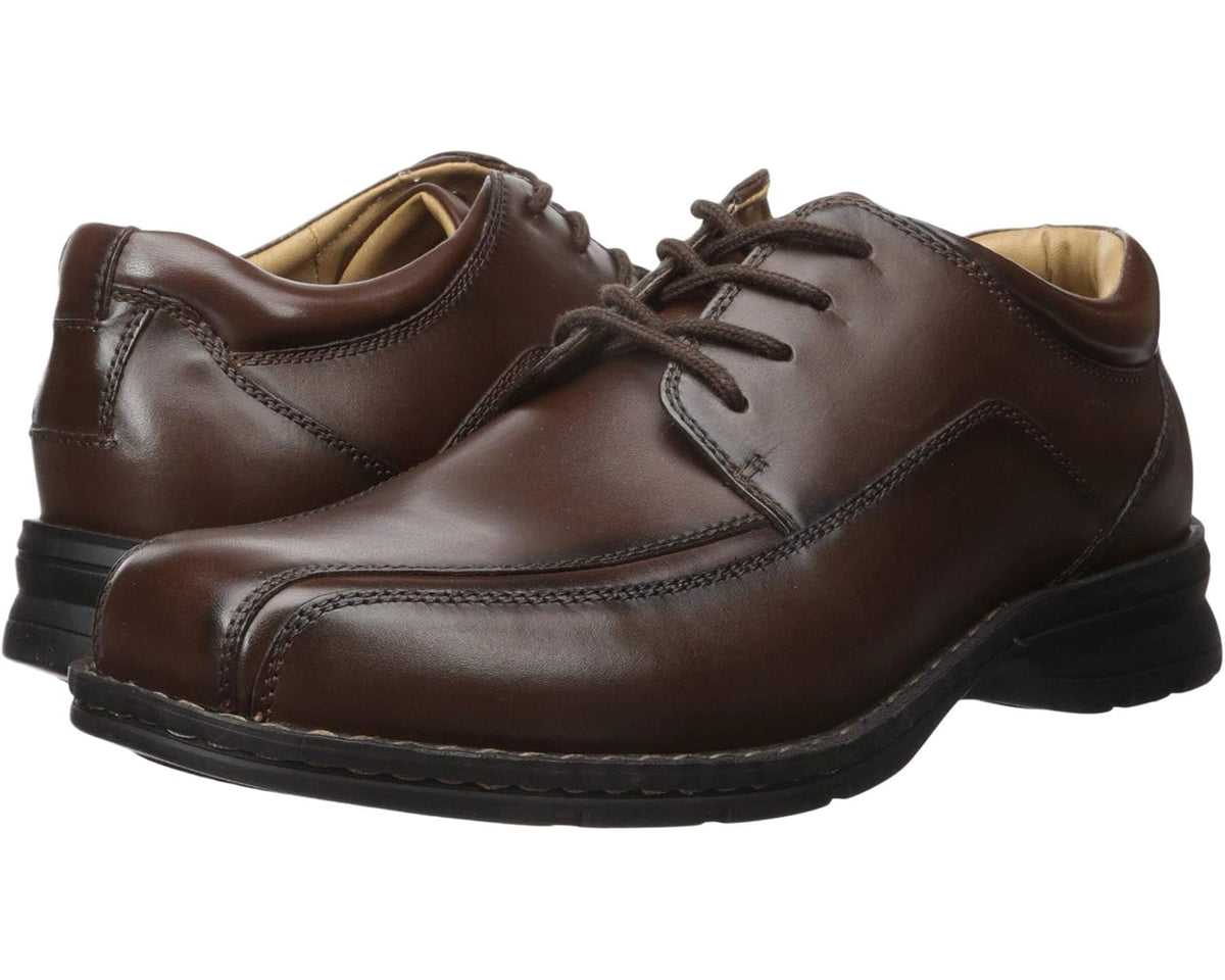 Men's dark tan leather moc toe Oxford shoe with lace-up front and cushioned sole