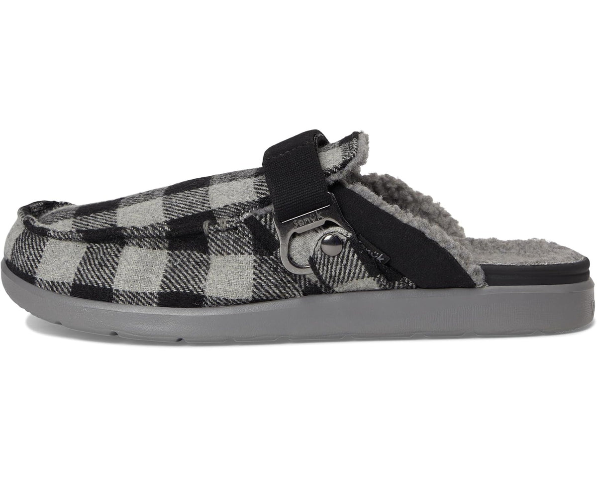 Men's black/grey plaid slip-on sandal with black strap and gray cushioned lining
