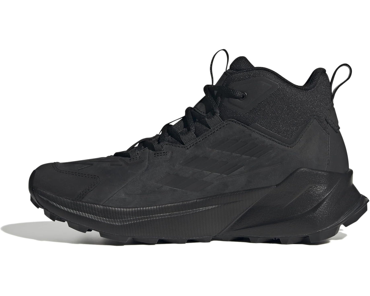 Men's black trail hiking shoes with side straps and low-profile outsole