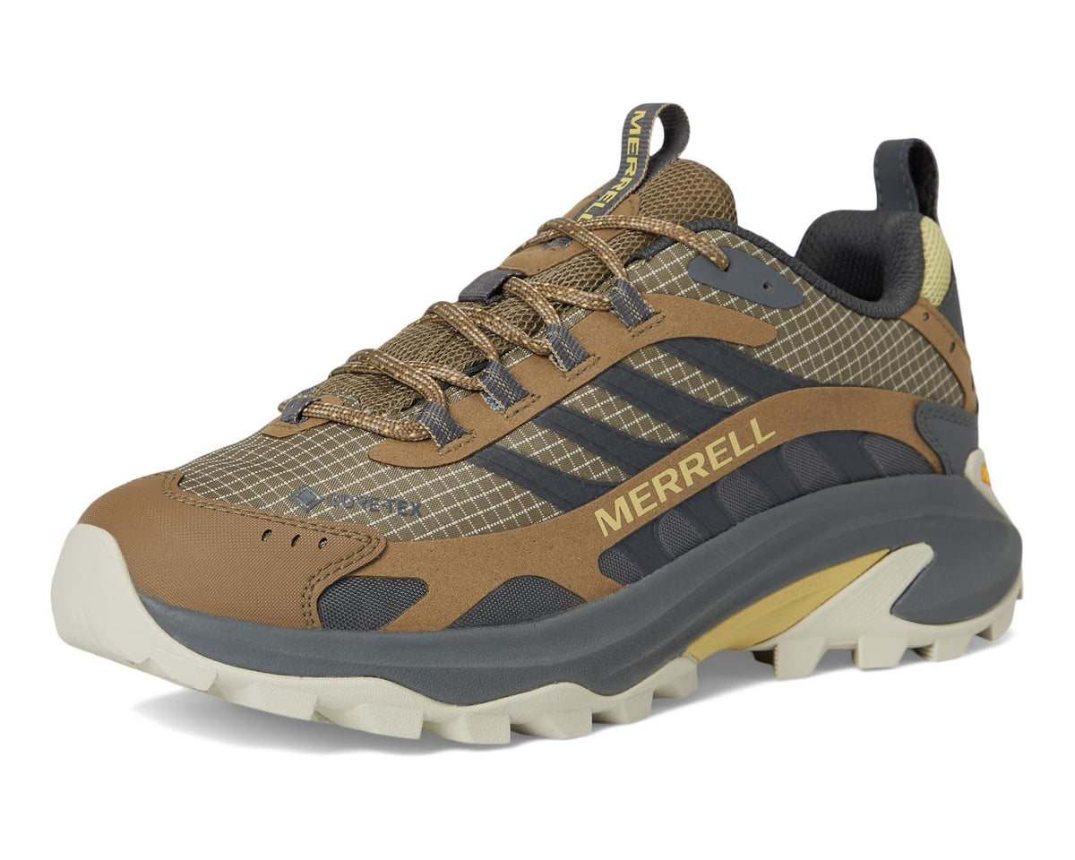 Lace-up trail shoe in brown and gray with cushioned midsole and lug outsole