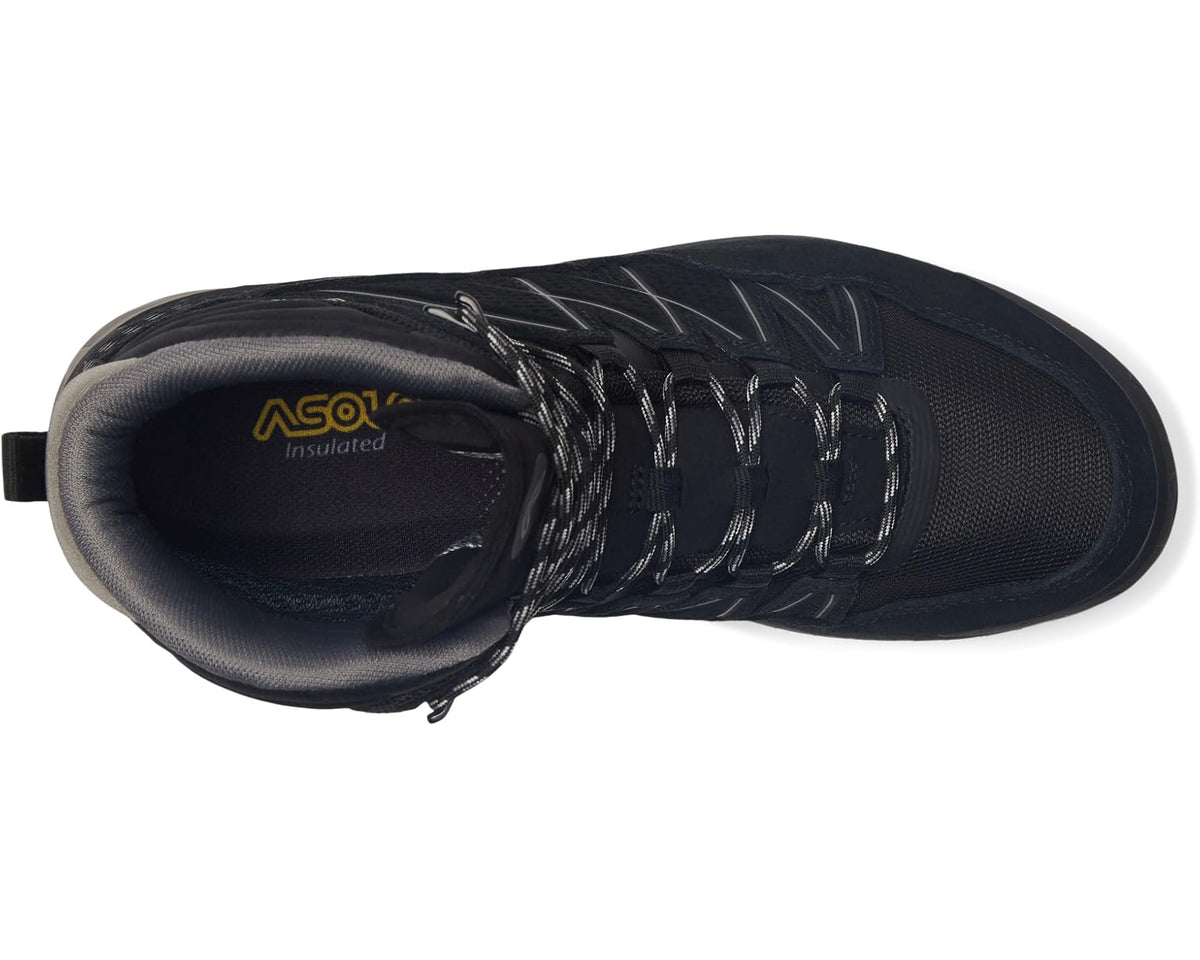 Men's black hiking boot side view with lace-up closure and padded ankle collar