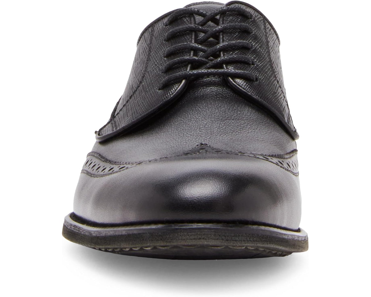 Black lace-up oxford dress shoe front view with textured upper and cap toe