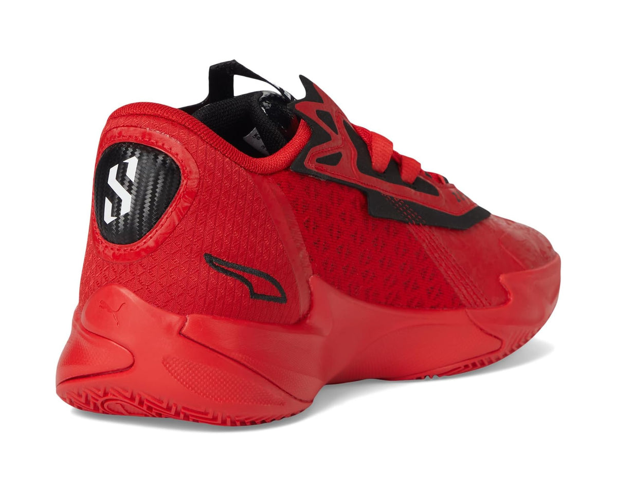 Men's PUMA basketball shoes red back view, black heel tab, lace-up design.