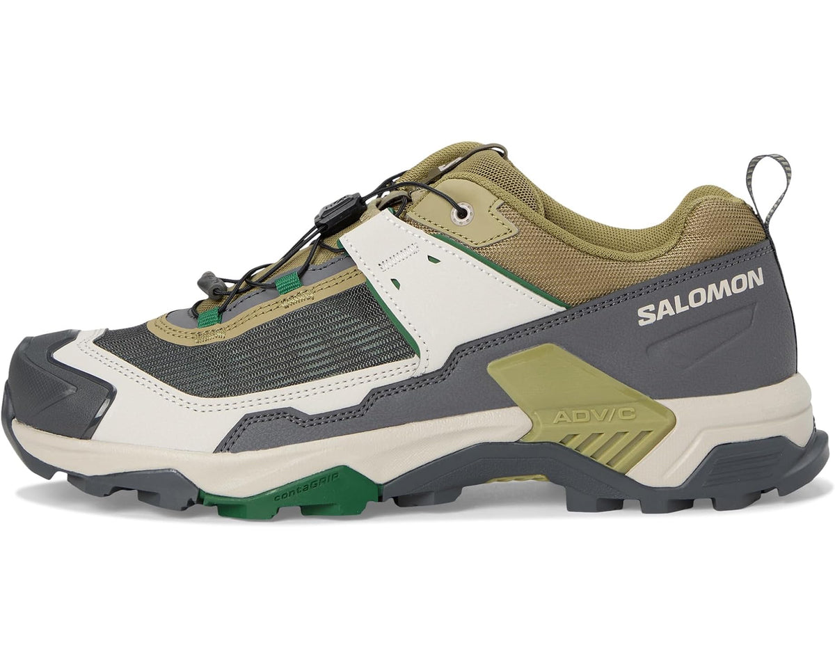 Men's Salomon X Ultra 5 hiking shoe, olive upper with white panel and gray outsole