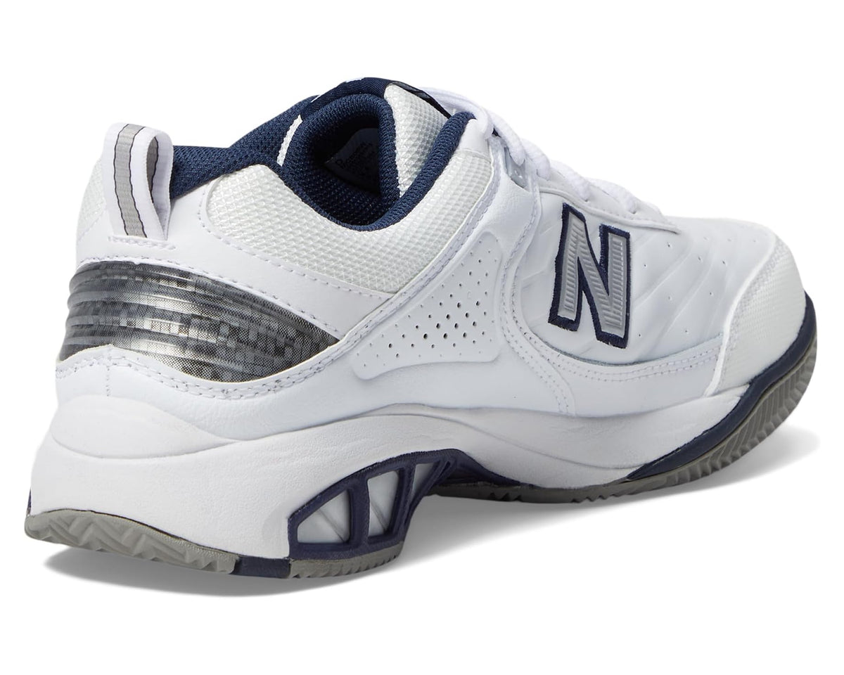 White tennis shoe heel and side panel with gray texture and navy stripe detail