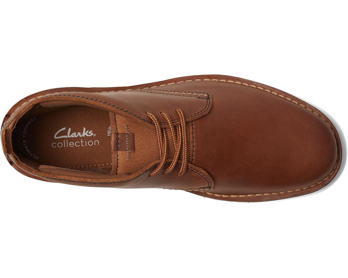 Men's Clarks lace-up chukka boot, light brown leather, stitched eyelets; side logo