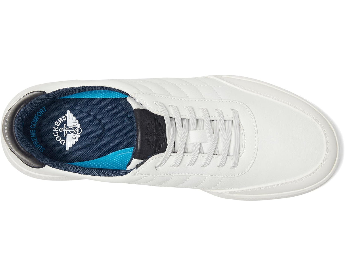 Men's white Dockers sneaker side with white laces and blue fabric lining