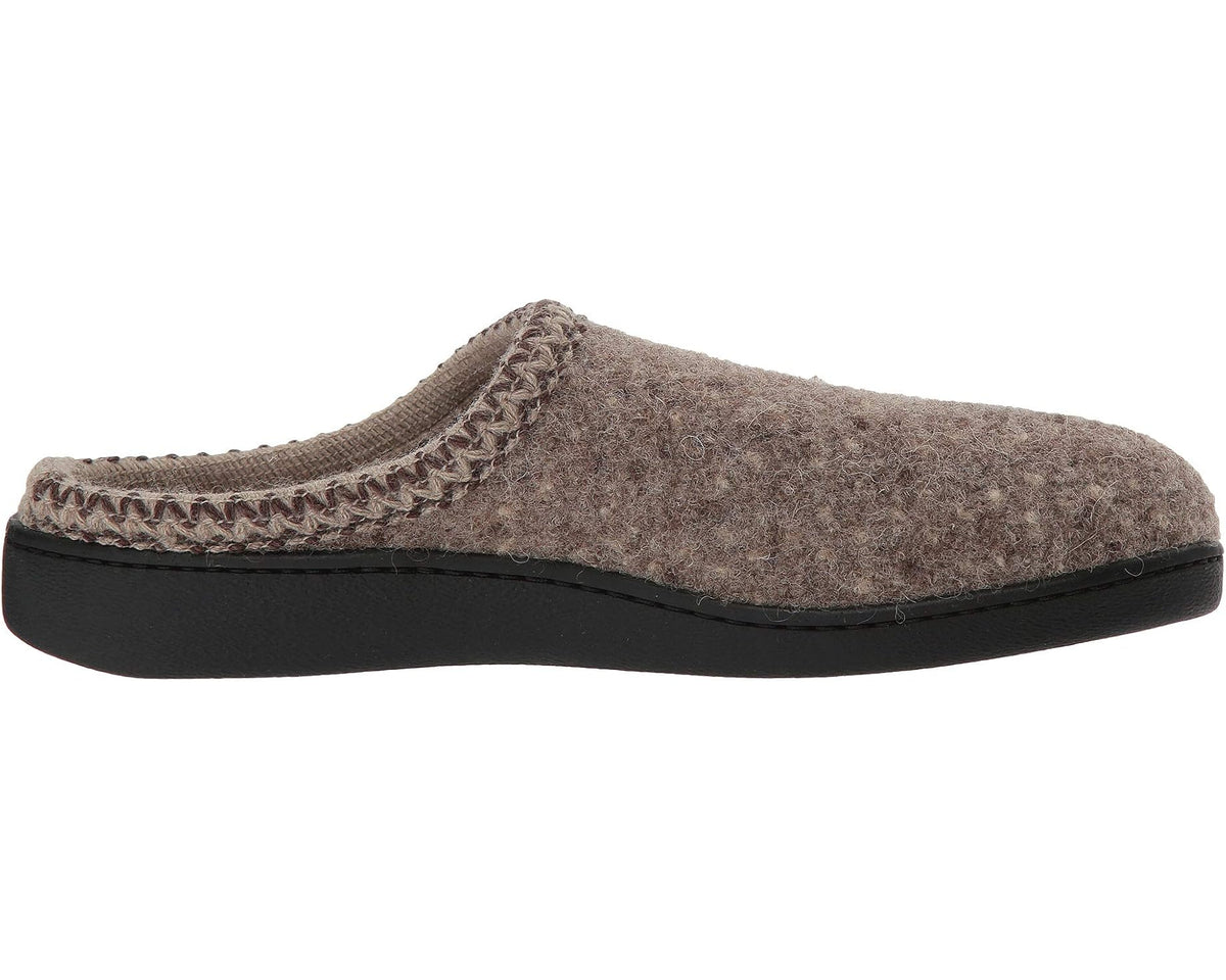 Unisex wool felt mule slipper side view, natural taupe with black rubber base and stitching