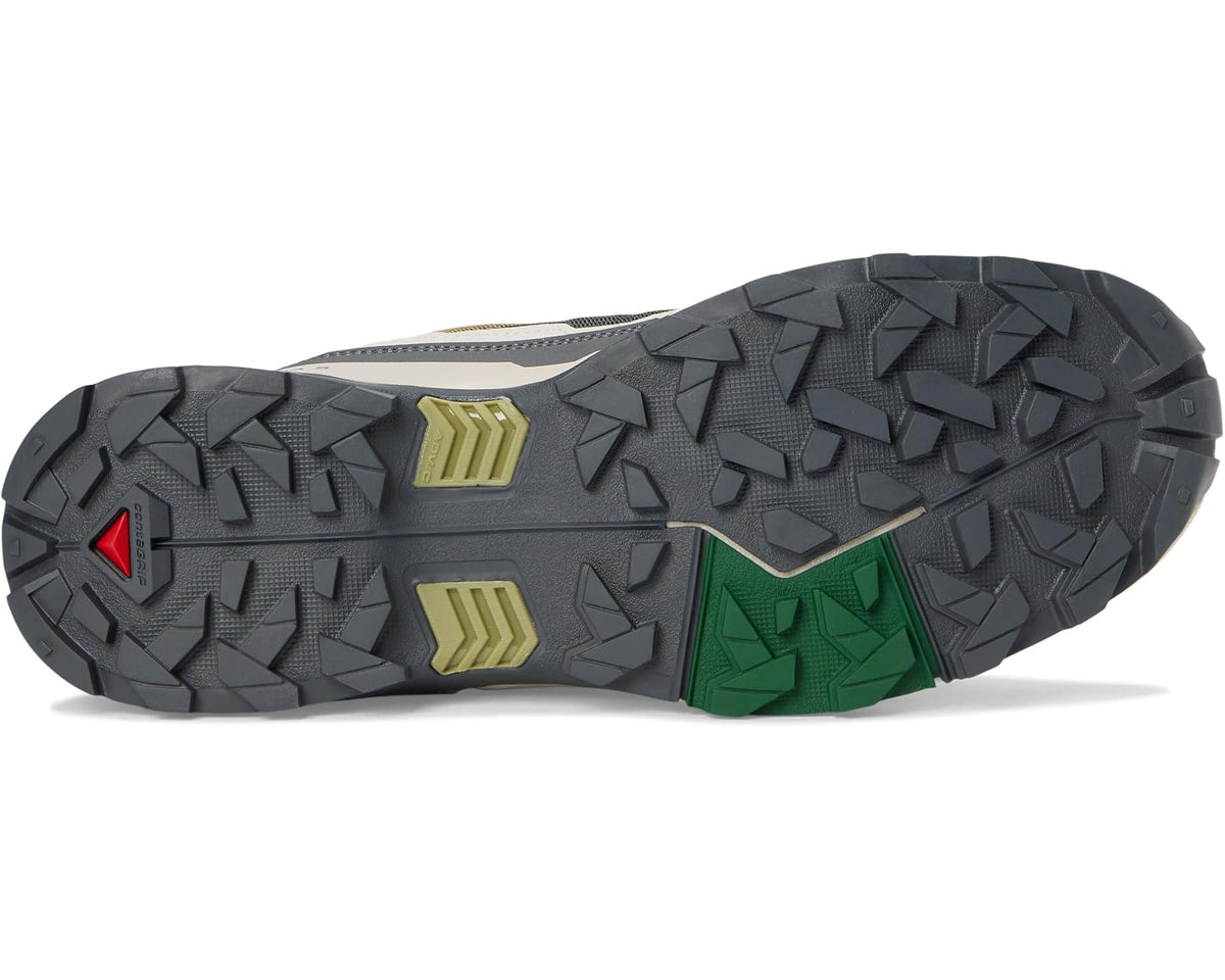 Men's Salomon X Ultra 5 rubber outsole with deep tread, green and red accents