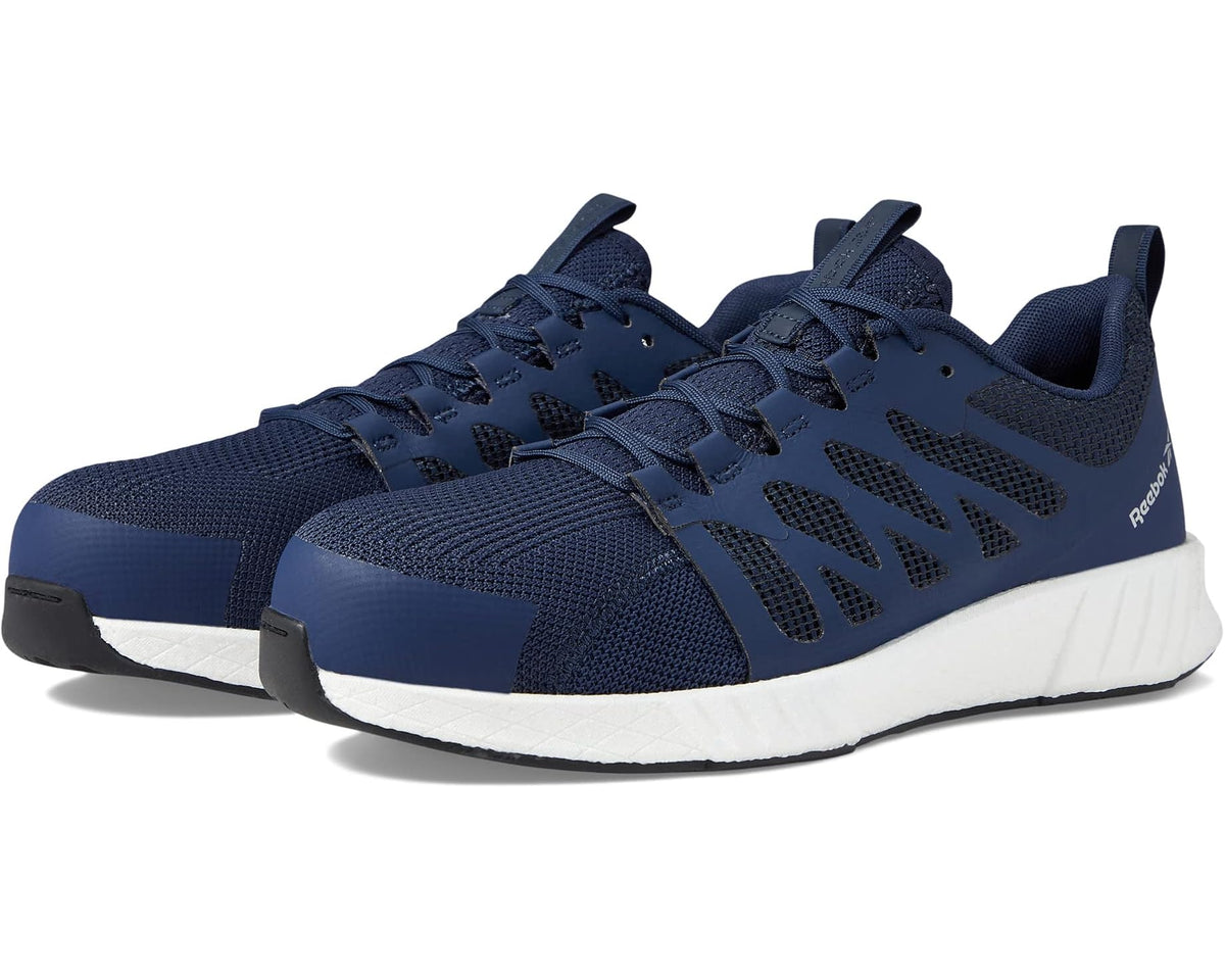 Men's Reebok navy lace-up work shoe with composite toe and white outsole