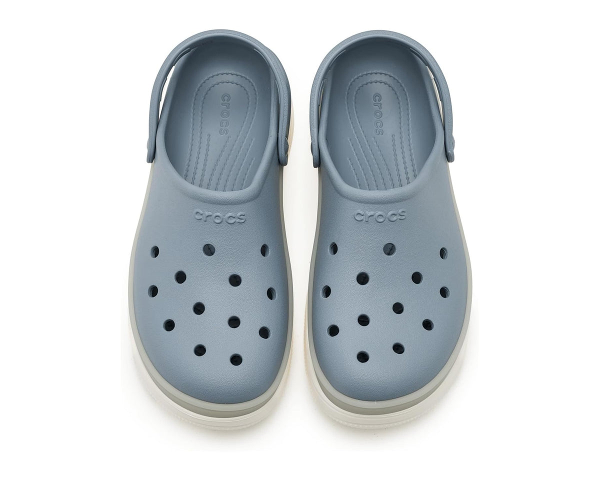Pair of unisex platform clogs in light blue-gray with perforated top and molded heel strap