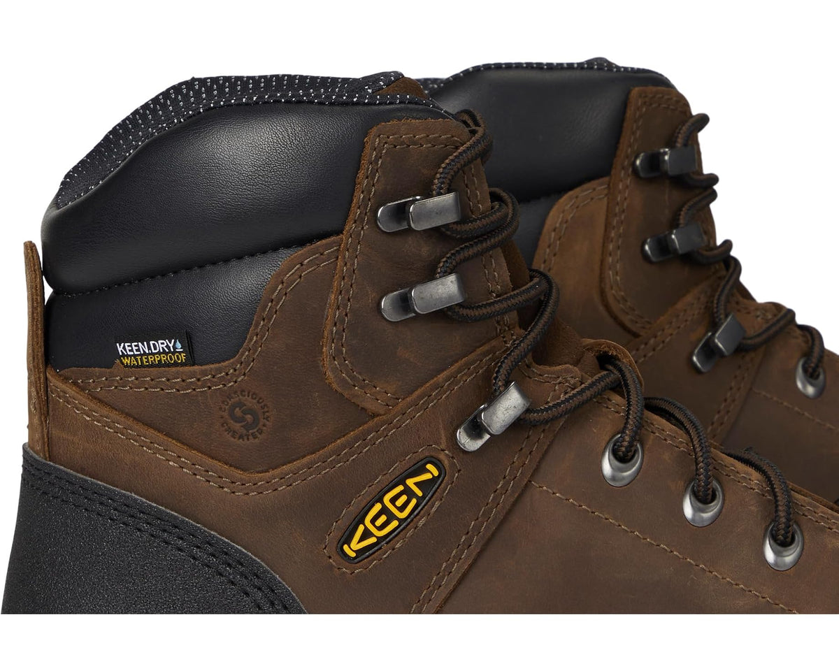 Close-up of brown-and-black boot upper with KEEN logo and KEENDRY label