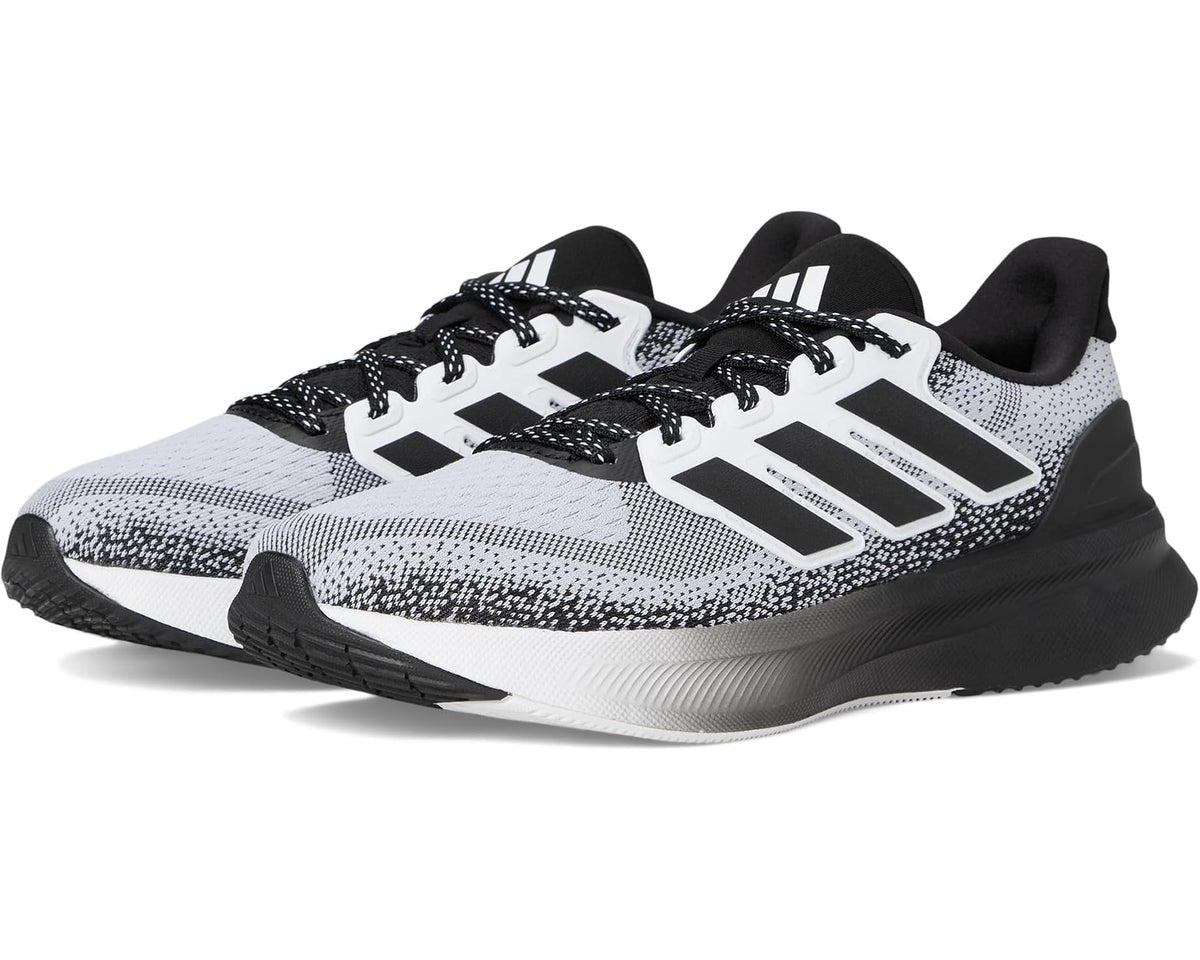 Men's adidas running shoe with white/black knit upper and lace-up front, white midsole
