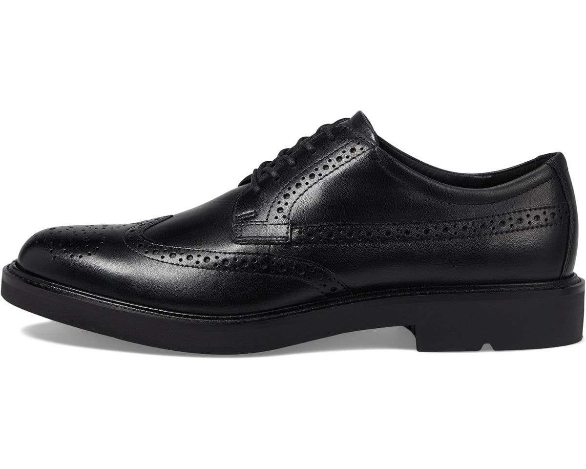 Black leather wingtip oxford shoe with lace-up and brogue paneling