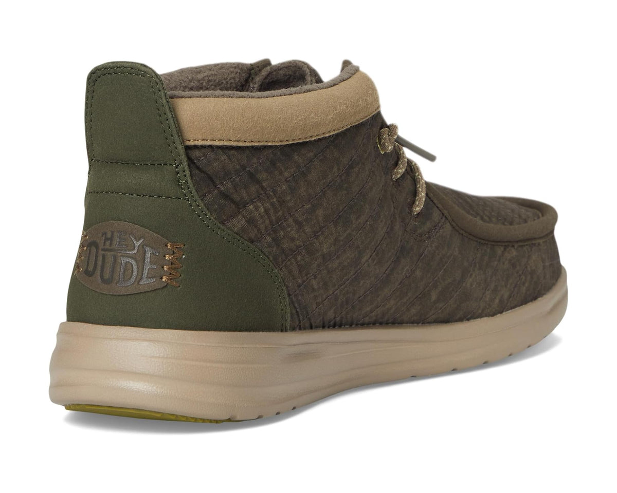 Men's mid-top lace-up boot heel side with embossed logo, dark brown and olive green
