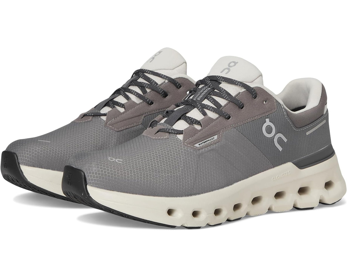 On Cloudrunner 2 waterproof running shoes, gray upper with white cushioned sole