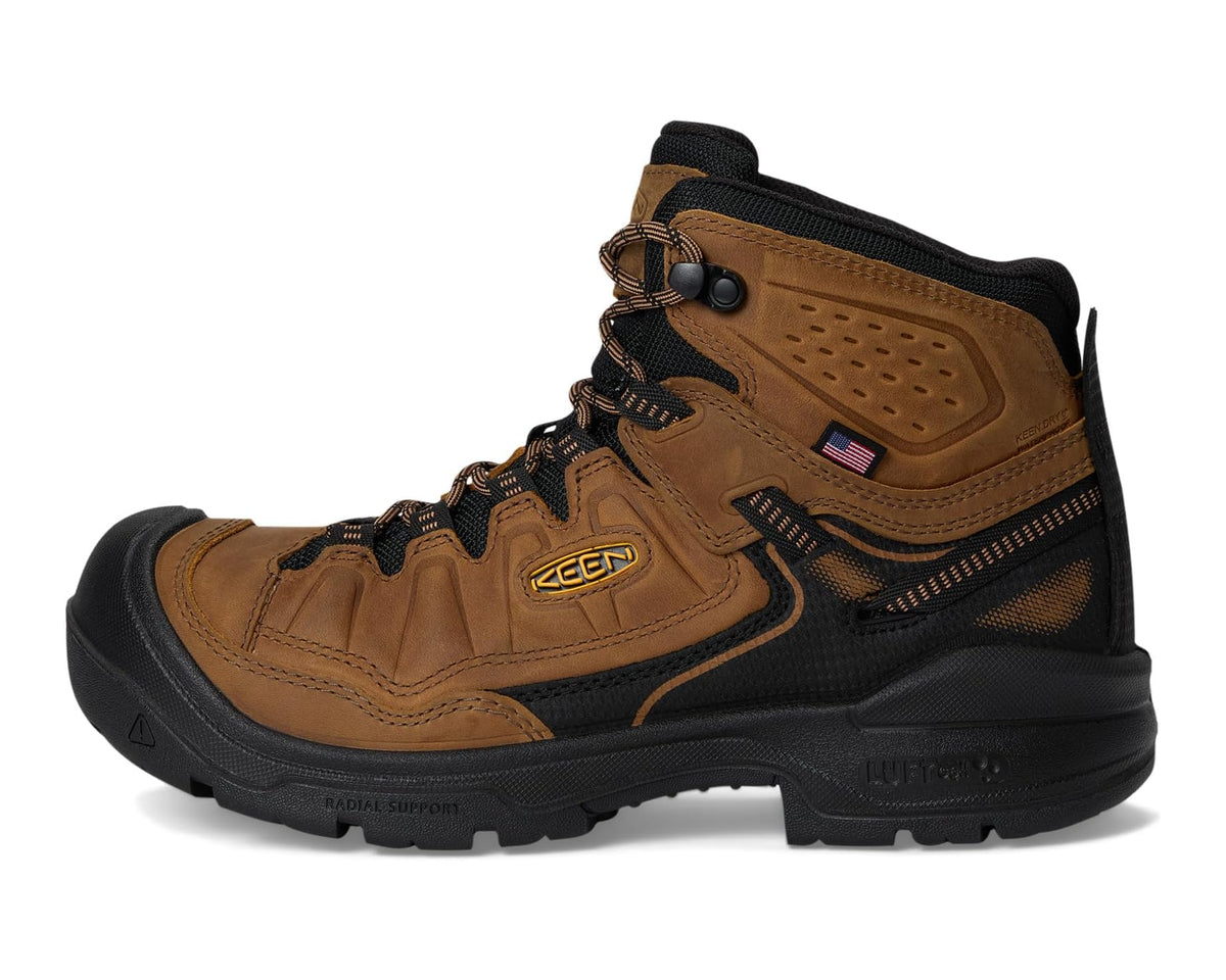 Men's KEEN waterproof boot angled side view, tan leather with black padded collar