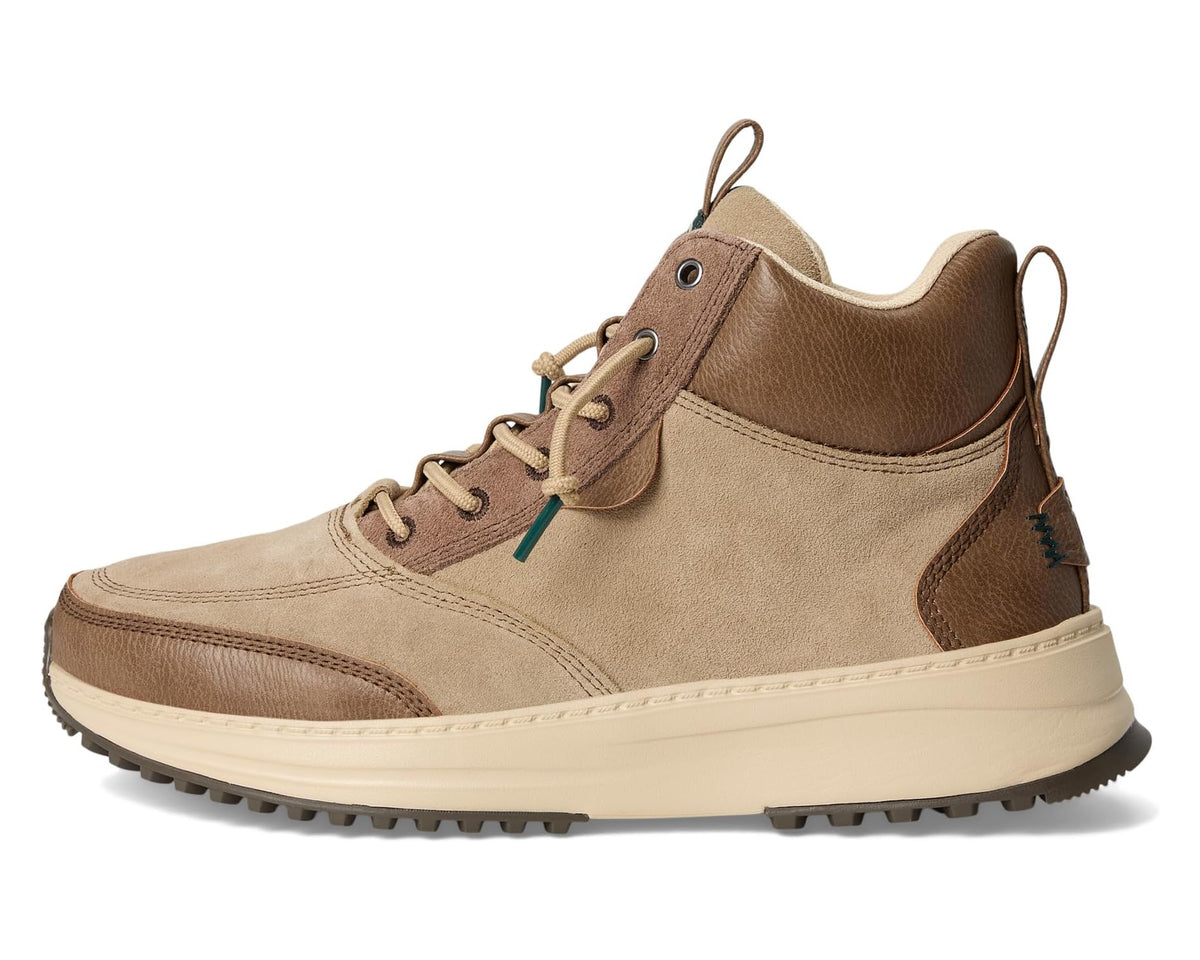 Men's mid-top hiking boot with tan and brown suede panels and lace-up closure