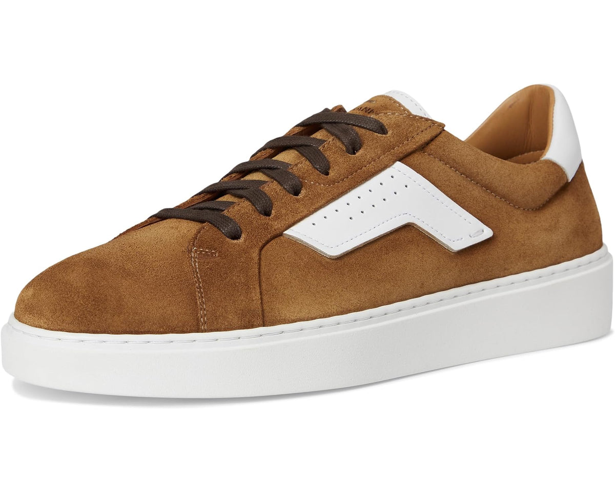 Men's suede lace-up sneakers, cognac brown with white chevron and low profile sole