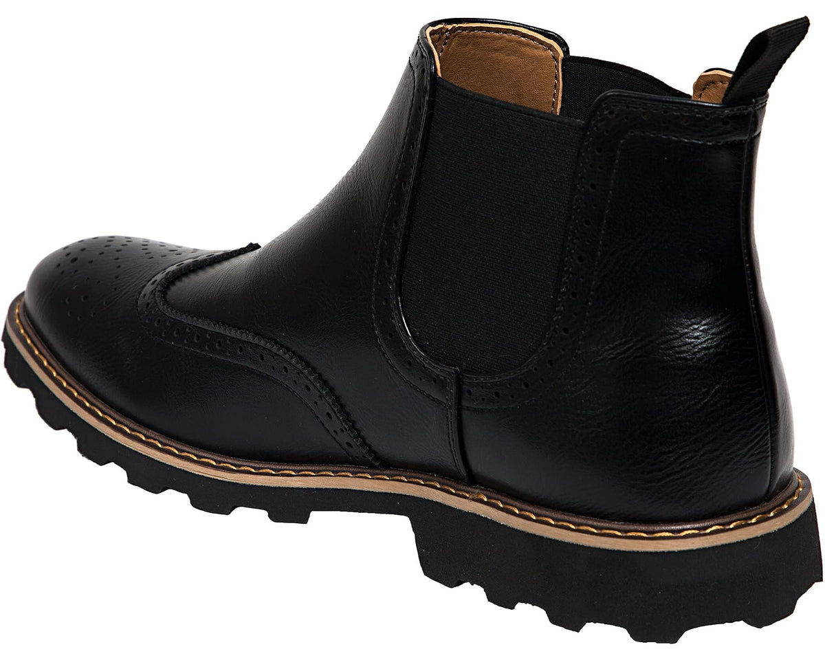 Men's black leather chelsea boot, side view, with elastic gore and tan-trim lug sole
