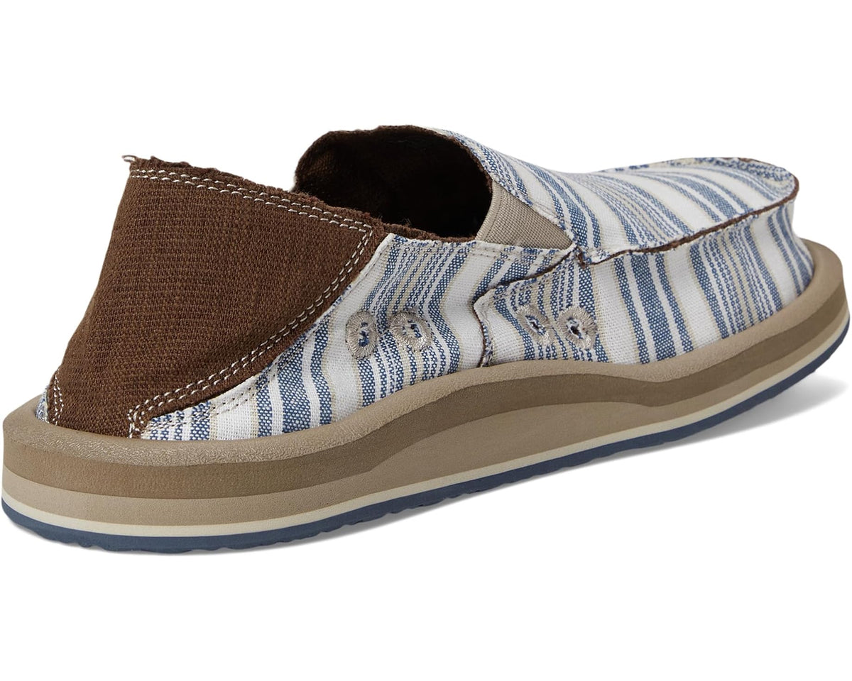 Men's blue-and-white striped slip-on shoe with brown side gore and tan sole
