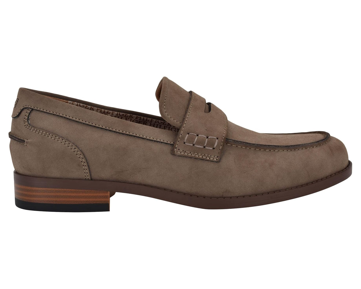 Men's Tommy Hilfiger taupe suede loafer, heel view with strap detail