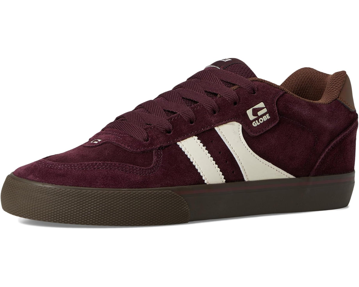 Men's eggplant suede lace-up sneakers, front 3/4 view with white stripe