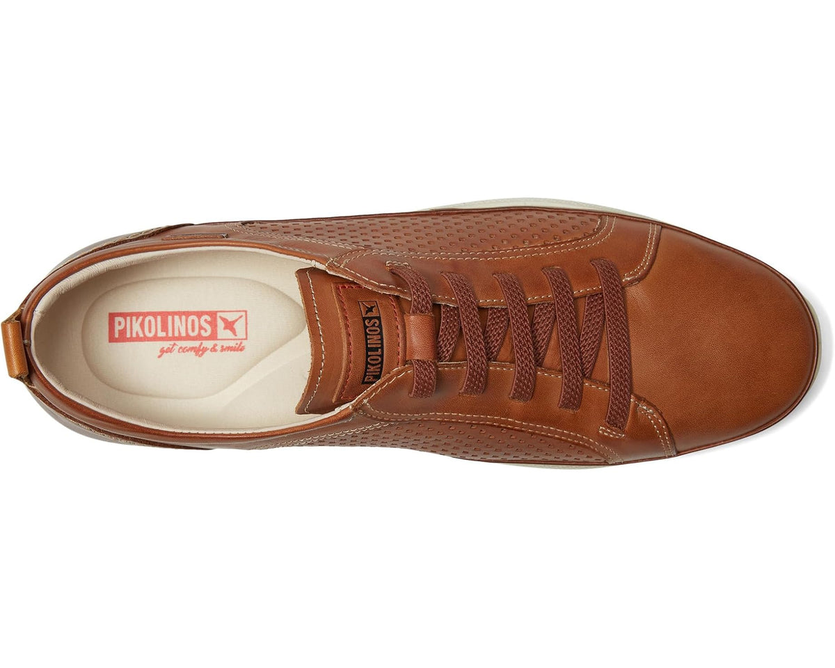 Men's PIKOLINOS lace-up sneaker showing tan-brown leather upper and padded cream collar