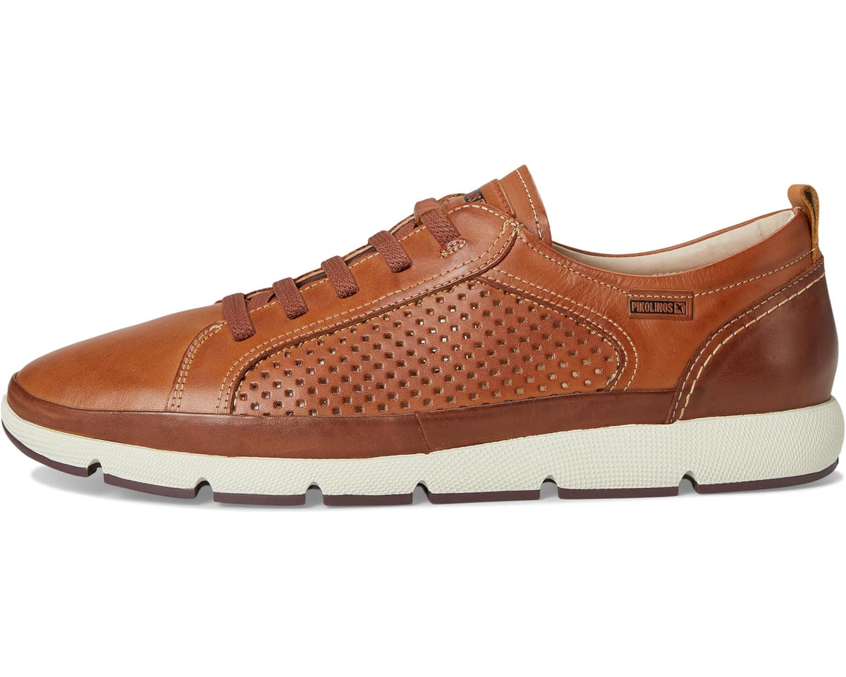 Men's PIKOLINOS lace-up sneaker in tan-brown leather with perforated panel and cushioned sole