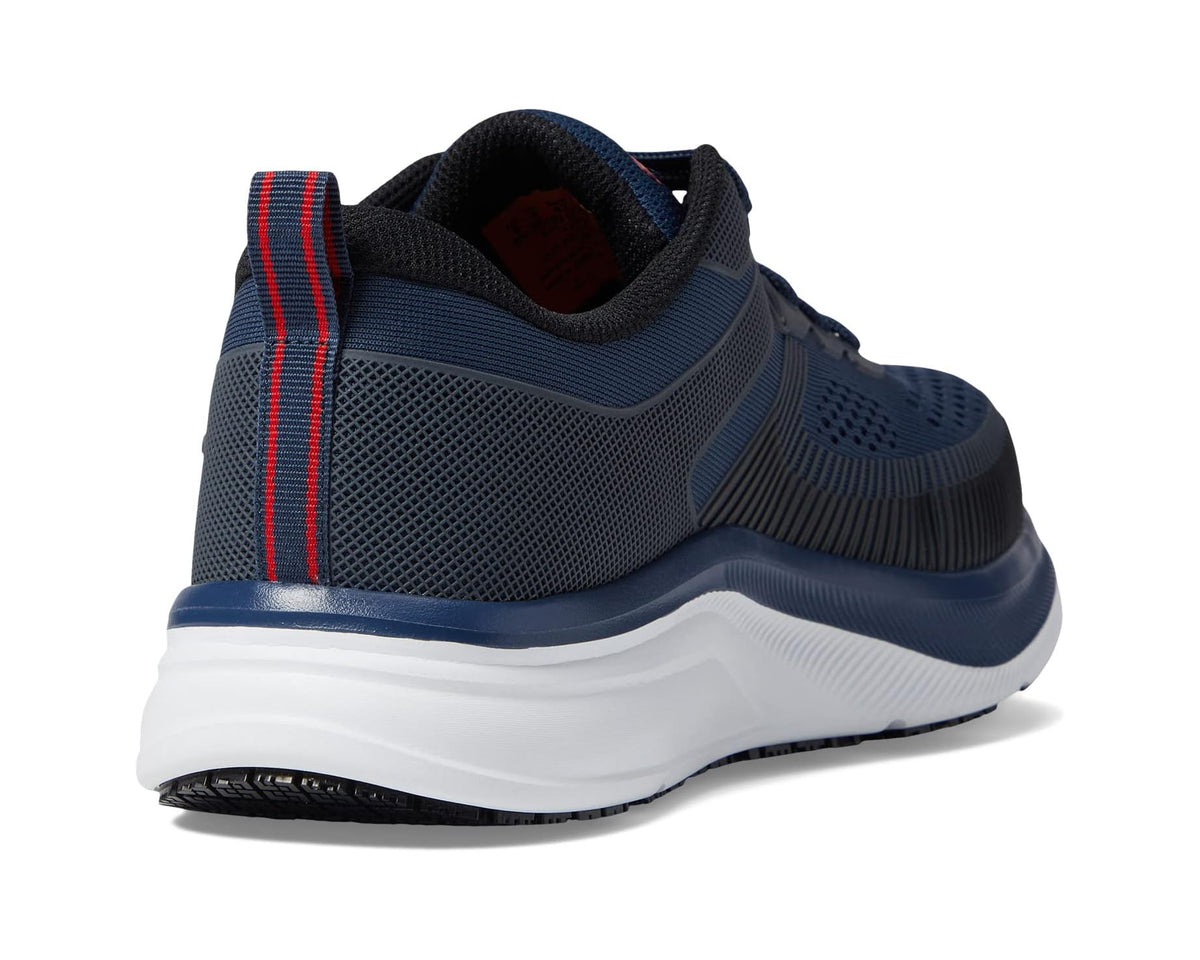 Navy work safety sneaker heel with padded collar and red accent stripe